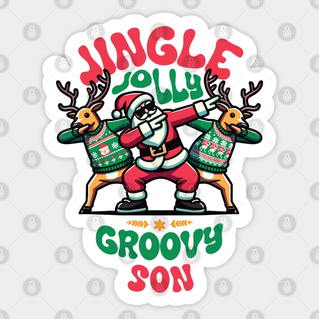 Son - Holly Jingle Jolly Groovy Santa and Reindeers in Ugly Sweater Dabbing Dancing. Personalized Christmas Sticker by Lunatic Bear